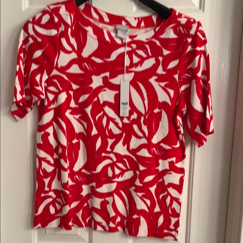 Chico's Red and White Abstract Short Sleeve Top